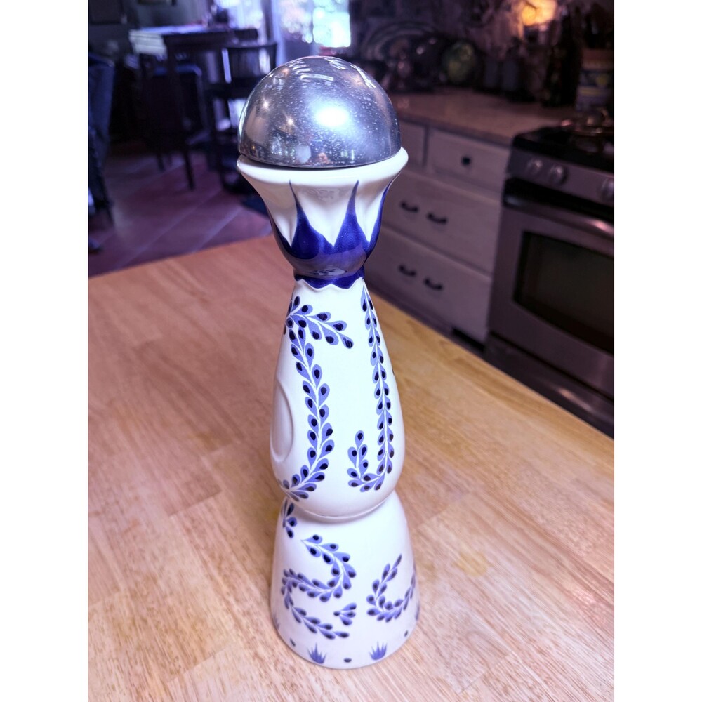 Clase Azul Tequila Ceramic Decanter Hand-Painted Design, Silver Dome Top, 2022
